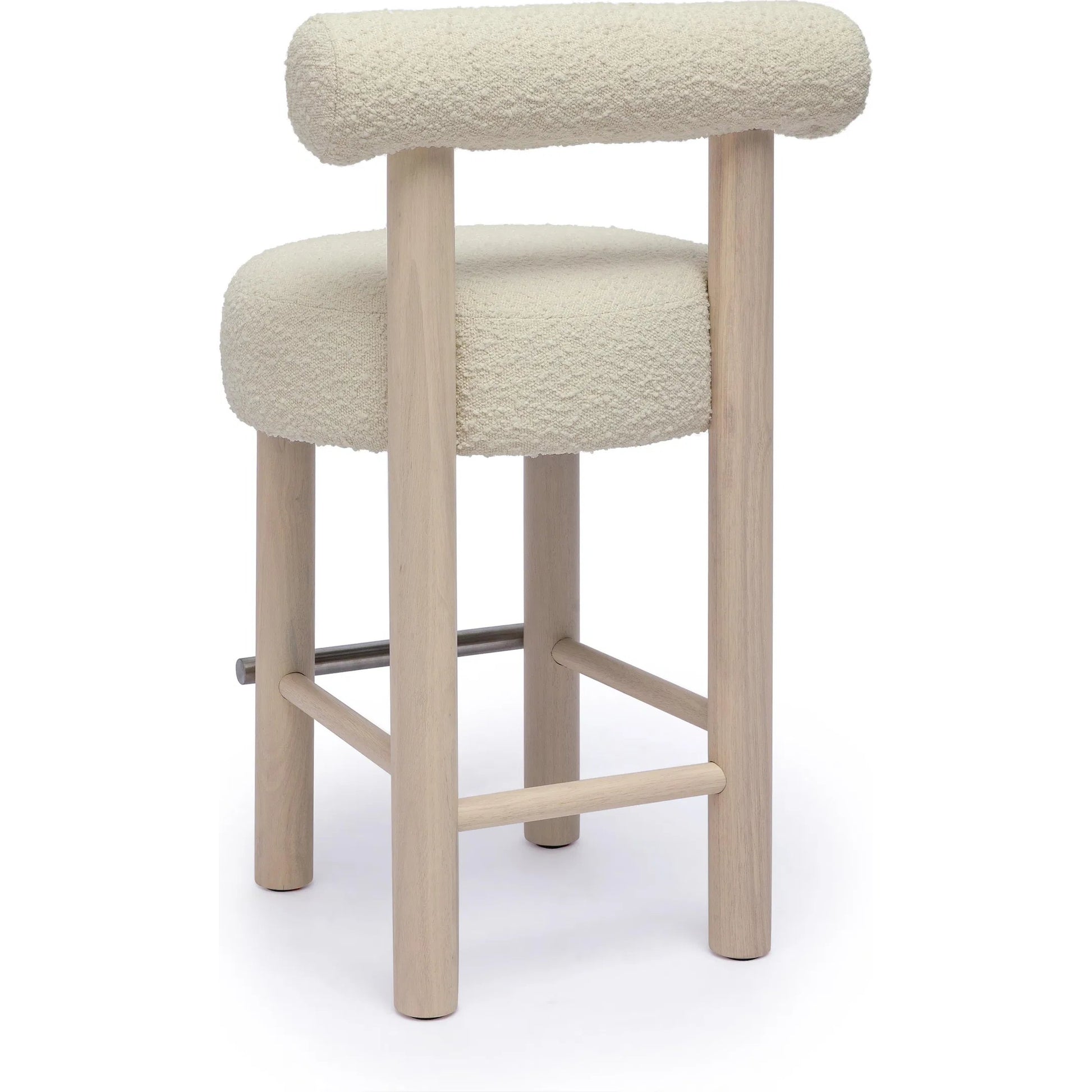 Carmel Boucle and Solid Wood Counter Stool by TOV Furniture in cream. Made from boucle, pine, rubberwood, stainless steel in a transitional style.