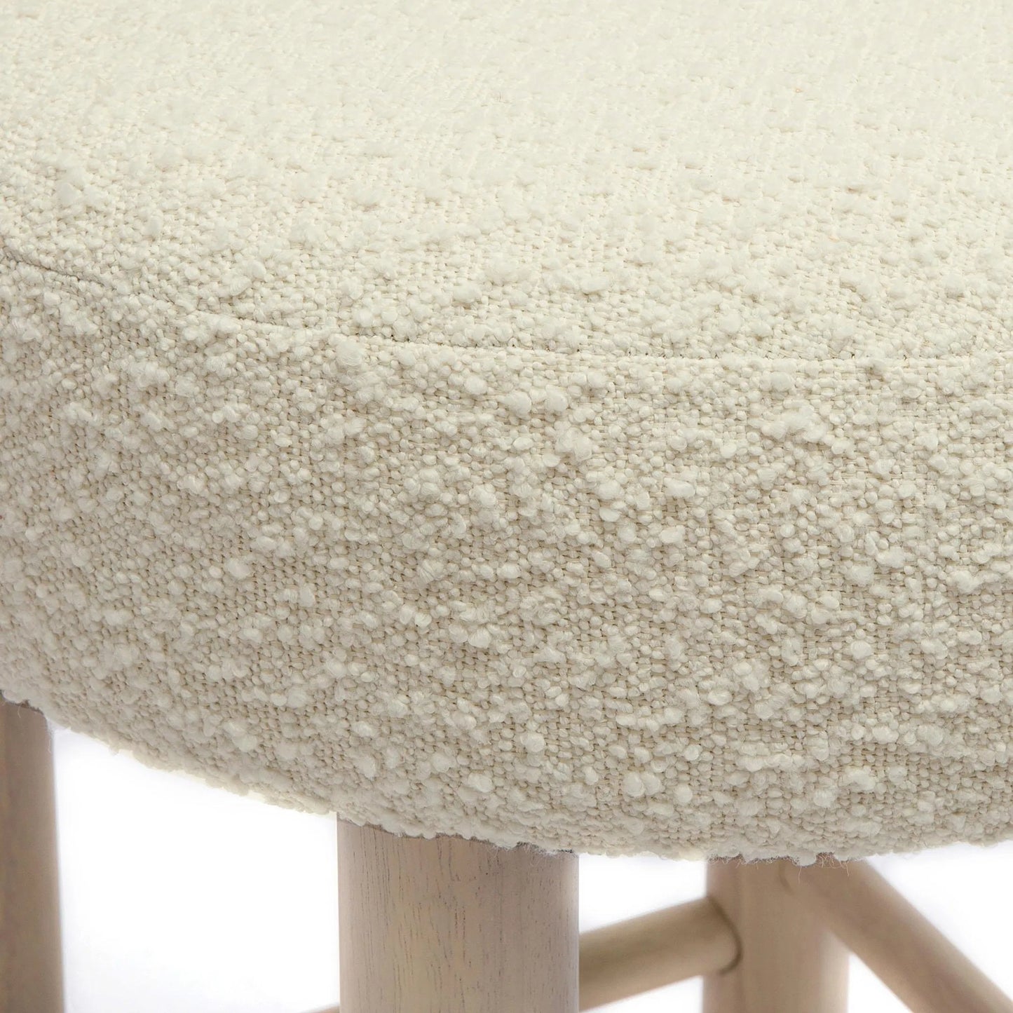 006 SI-2248187 | Closeup | Carmel Boucle and Solid Wood Counter Stool by TOV Furniture in cream. Made from boucle, pine, rubberwood, stainless steel in a transitional style.