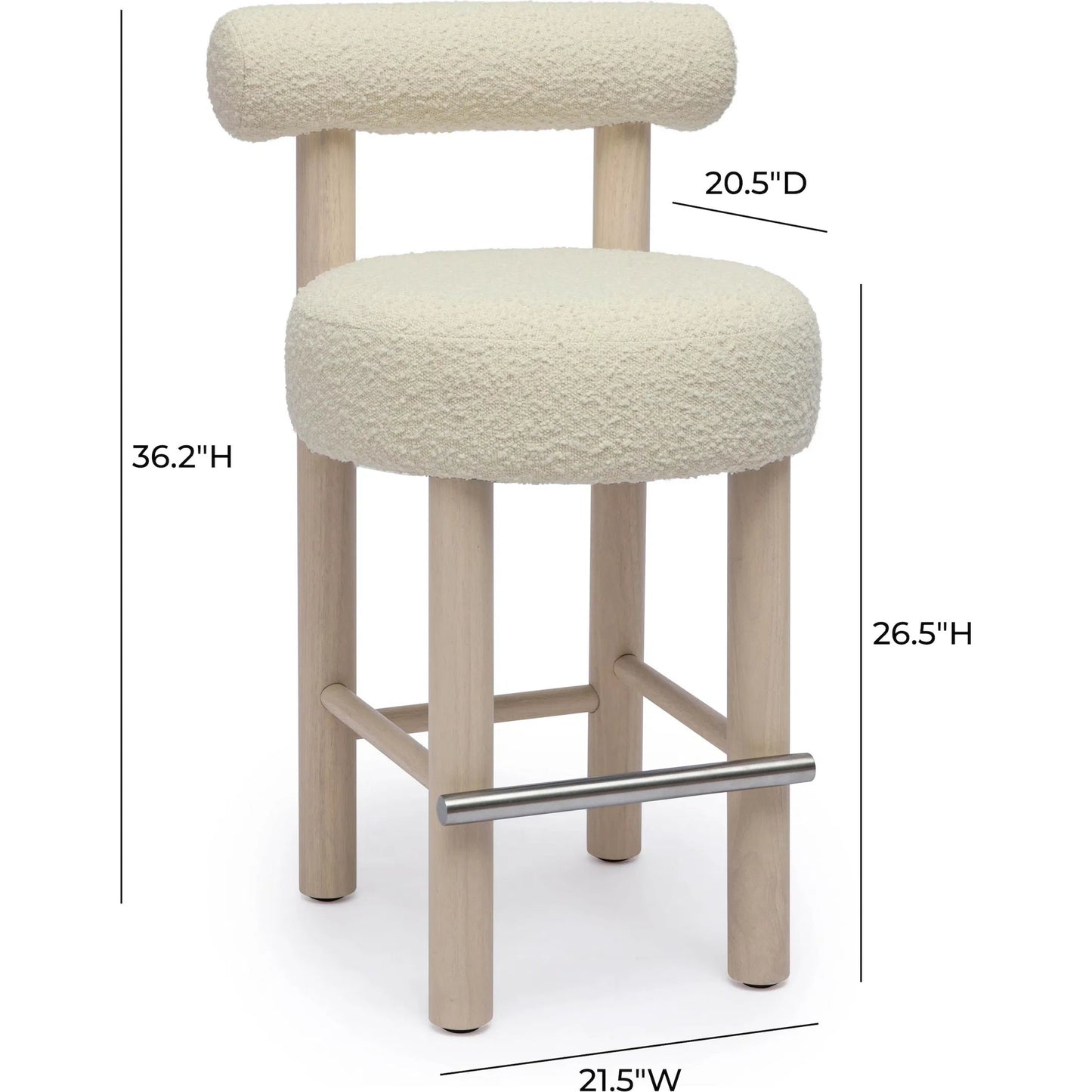 005 SI-2248187 | Additional Silo | Carmel Boucle and Solid Wood Counter Stool by TOV Furniture in cream. Made from boucle, pine, rubberwood, stainless steel in a transitional style.