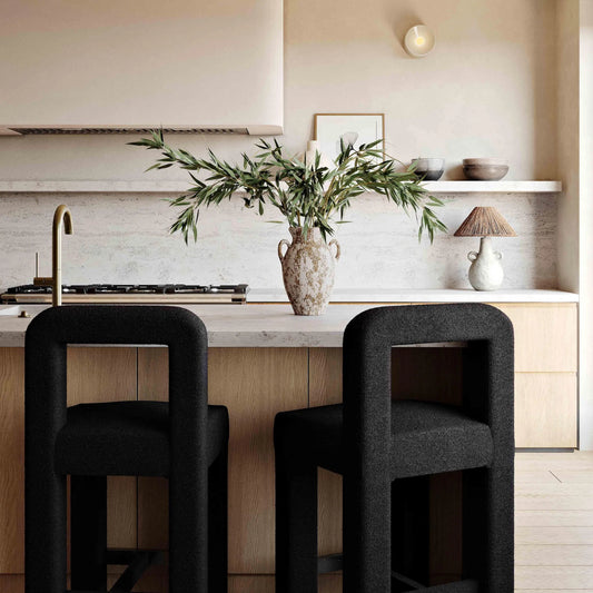 Hazel Boucle Counter Stool by TOV Furniture. Made from boucle, plywood, stainless steel, wood in a modern style.