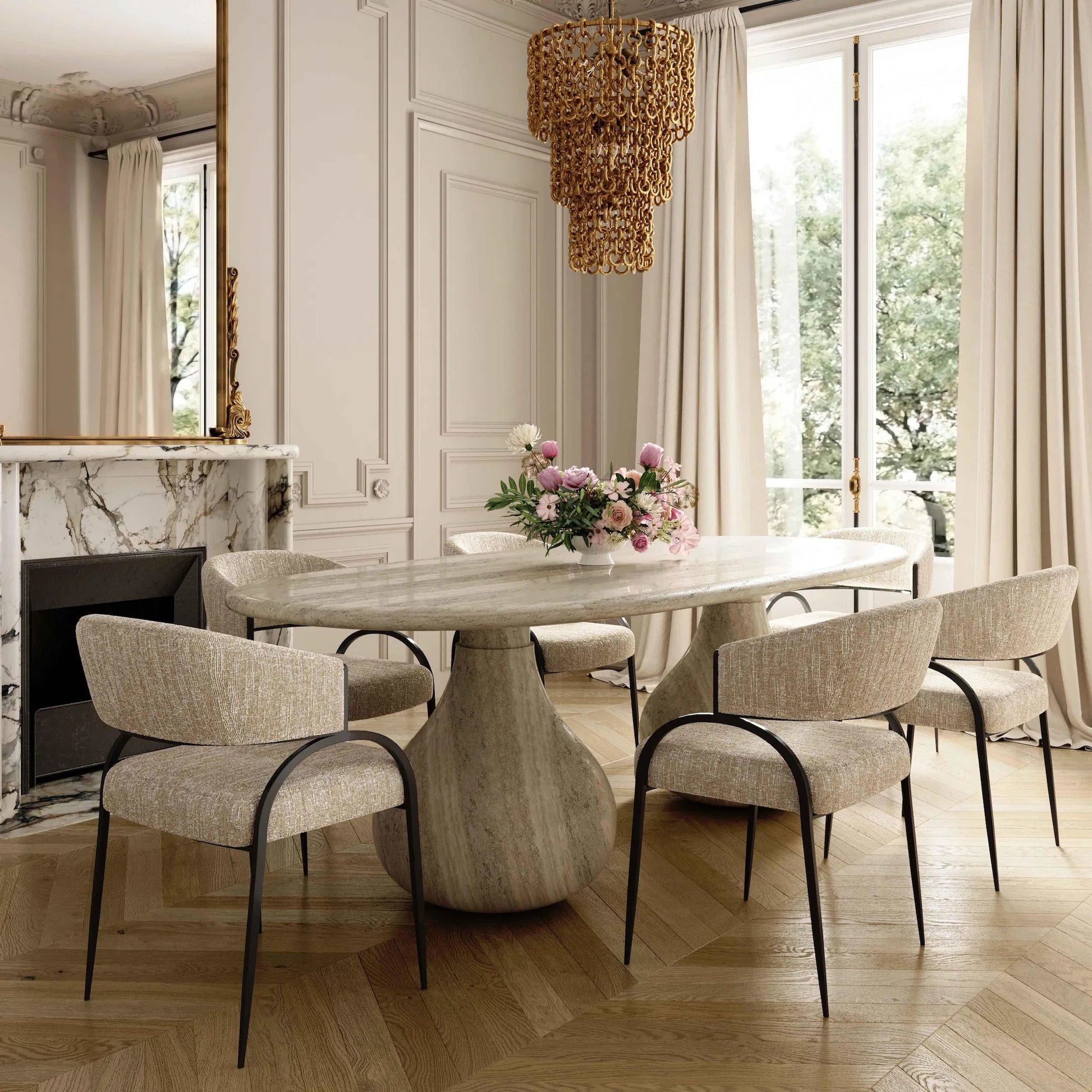 Tatum Textured Performance Boucle Dining Chair by TOV Furniture in cream. Made from boucle, plywood, stainless steel in a transitional style.