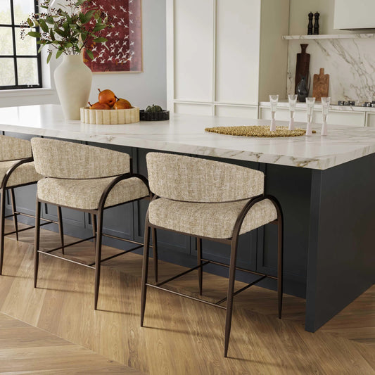 Tatum Textured Performance Boucle Counter Stool by TOV Furniture in cream. Made from boucle, plywood, stainless steel in a unique style.