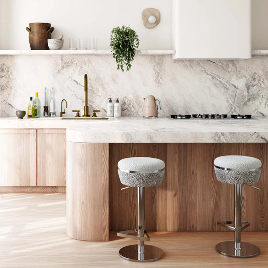 Astro Boucle Adjustable Stool by TOV Furniture in grey, white. Made from boucle, stainless steel in a transitional style.