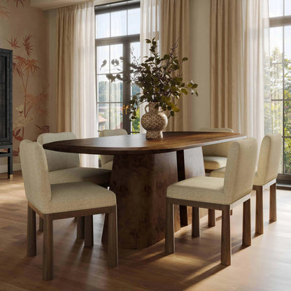 Gladyss Burl Oval Dining Table by TOV Furniture in brown. Made from mdf, veneer in a transitional style.