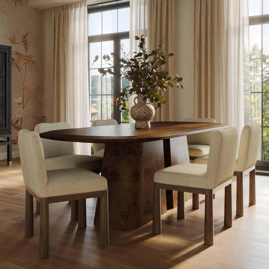 Gladyss Burl Oval Dining Table by TOV Furniture in brown. Made from mdf, veneer in a unique style.