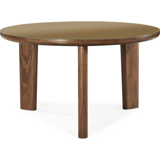 Oani Walnut and Glass Round Dining Table by TOV Furniture in natural. Made from glass, mdf, veneer in a unique style.