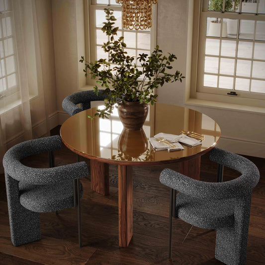 Oani Walnut and Glass Round Dining Table by TOV Furniture in natural. Made from glass, mdf, veneer in a unique style.