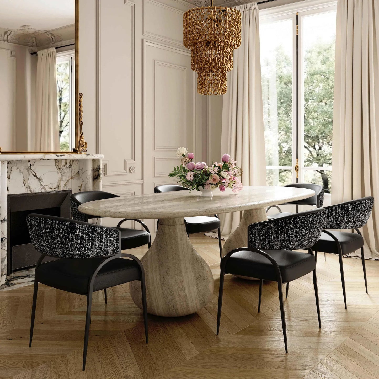 013 SI-2454393 | Lifestyle | Tatum Vegan Leather 2-Tone Dining Chair by TOV Furniture. Made from fabric, foam, plywood, polyester, stainless steel in a unique style.