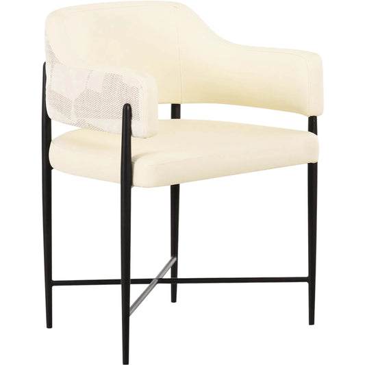 Sezanne Vegan Leather and 2-Tone Jacquard Dining Chair by TOV Furniture in cream. Made from fabric, foam, iron, plywood, polyester, stainless steel in a unique style.