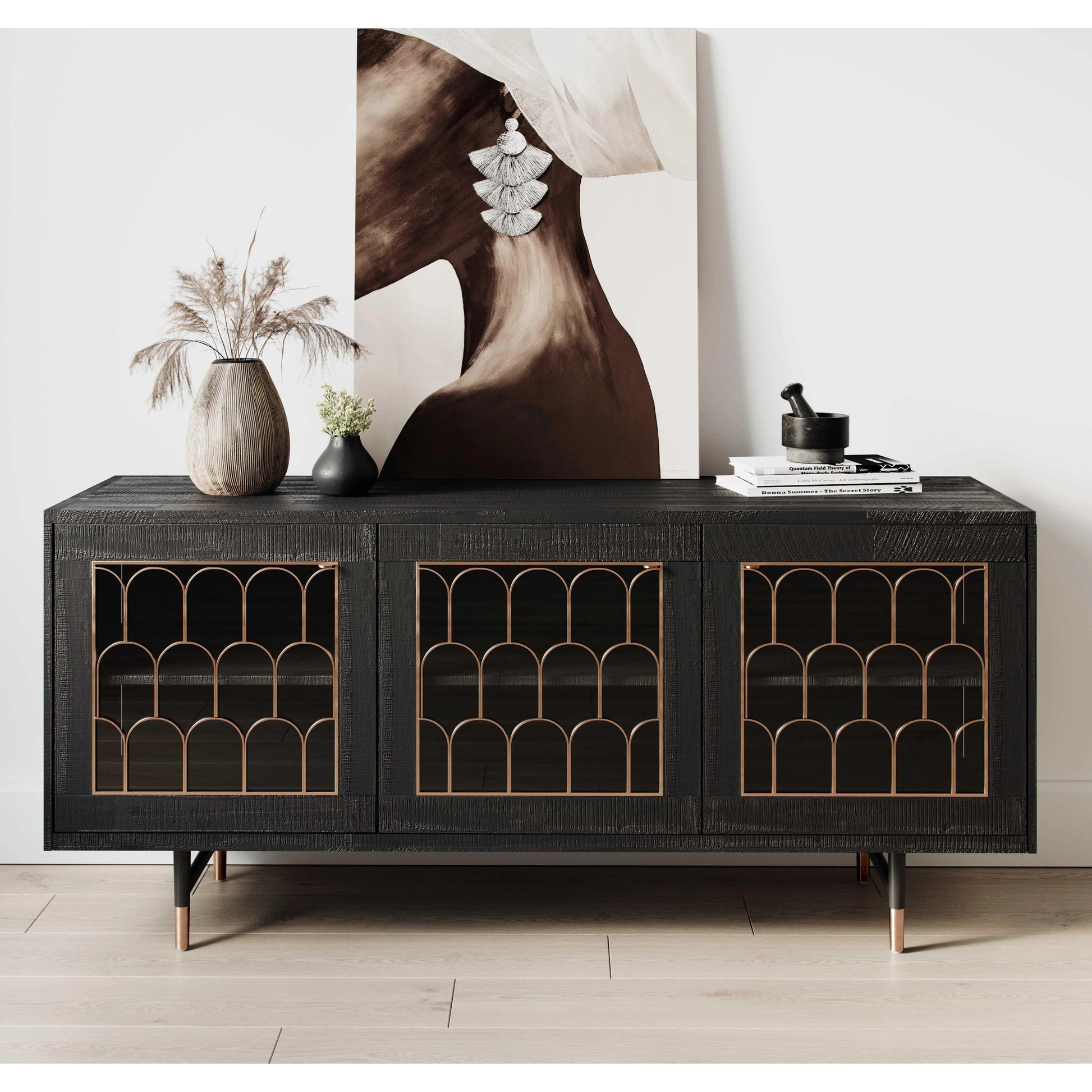 Gatsby Wood Buffet by TOV Furniture in natural and black. Made from acacia, steel, tempered glass in a modern style.