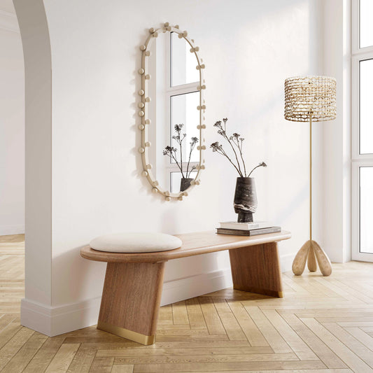 Alondra Wooden Floor Lamp by TOV Furniture in antique gold, natural. Made from grass, iron, rattan, wood in a modern style.