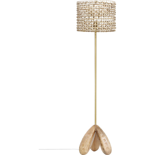 Alondra Wooden Floor Lamp by TOV Furniture in antique gold, natural. Made from grass, iron, rattan, wood in a modern style.