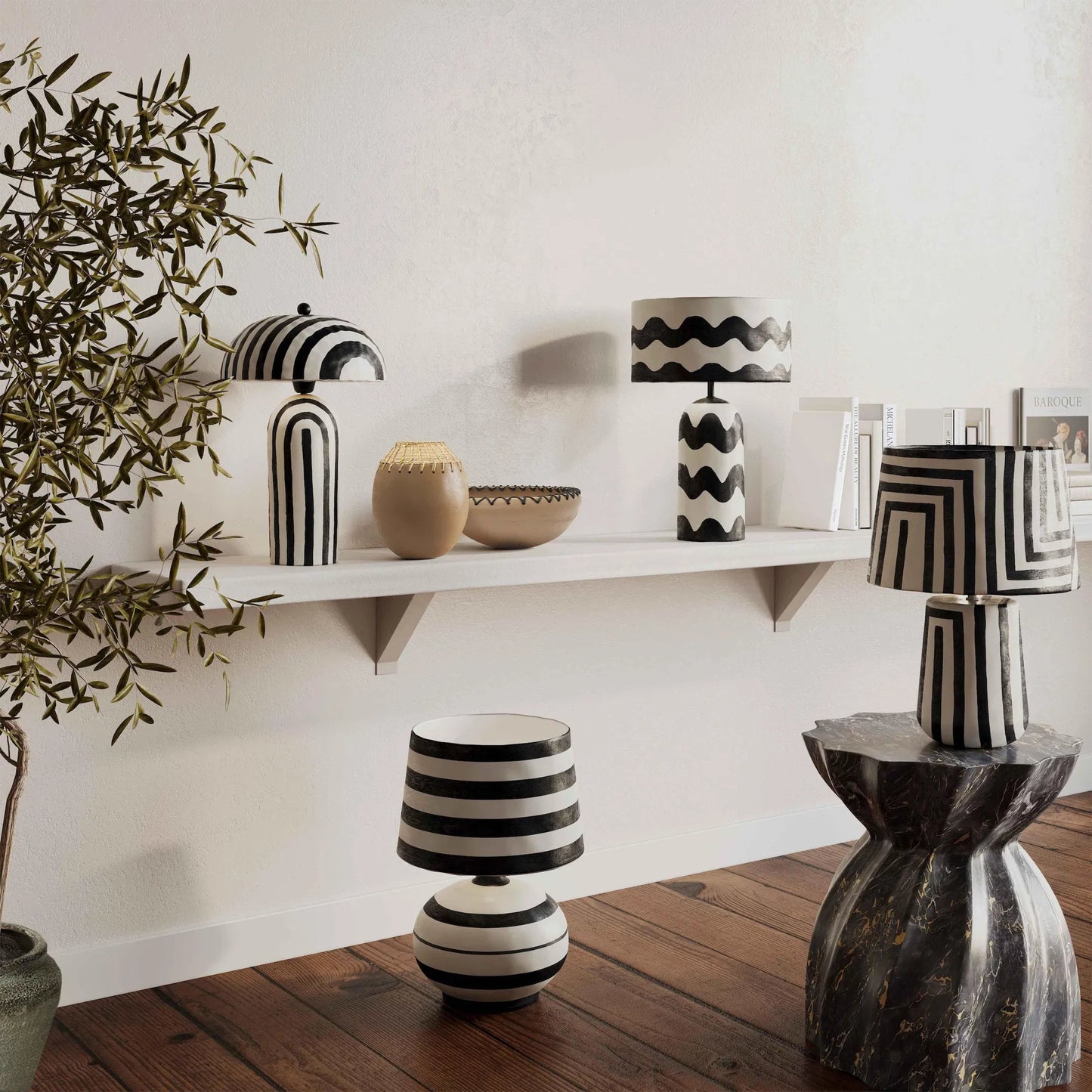 008 SI-2248344 | Unknown | Maiori Striped Papier Mache Table Lamp by TOV Furniture. Made from iron, papier mache in a unique style.