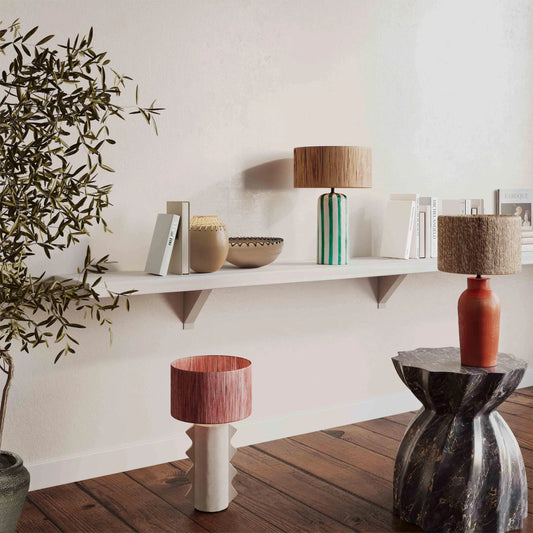 Wild Thing Papier Mache Table Lamp by TOV Furniture in beige. Made from iron, papier mache, raffia in a unique style.