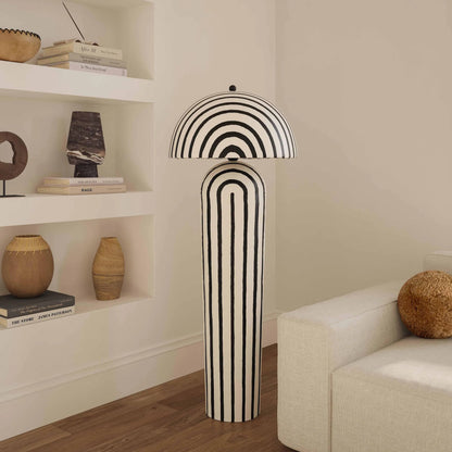 Maiori Striped Papier Mache Floor Lamp by TOV Furniture in black, white. Made from iron, papier mache in a unique style.