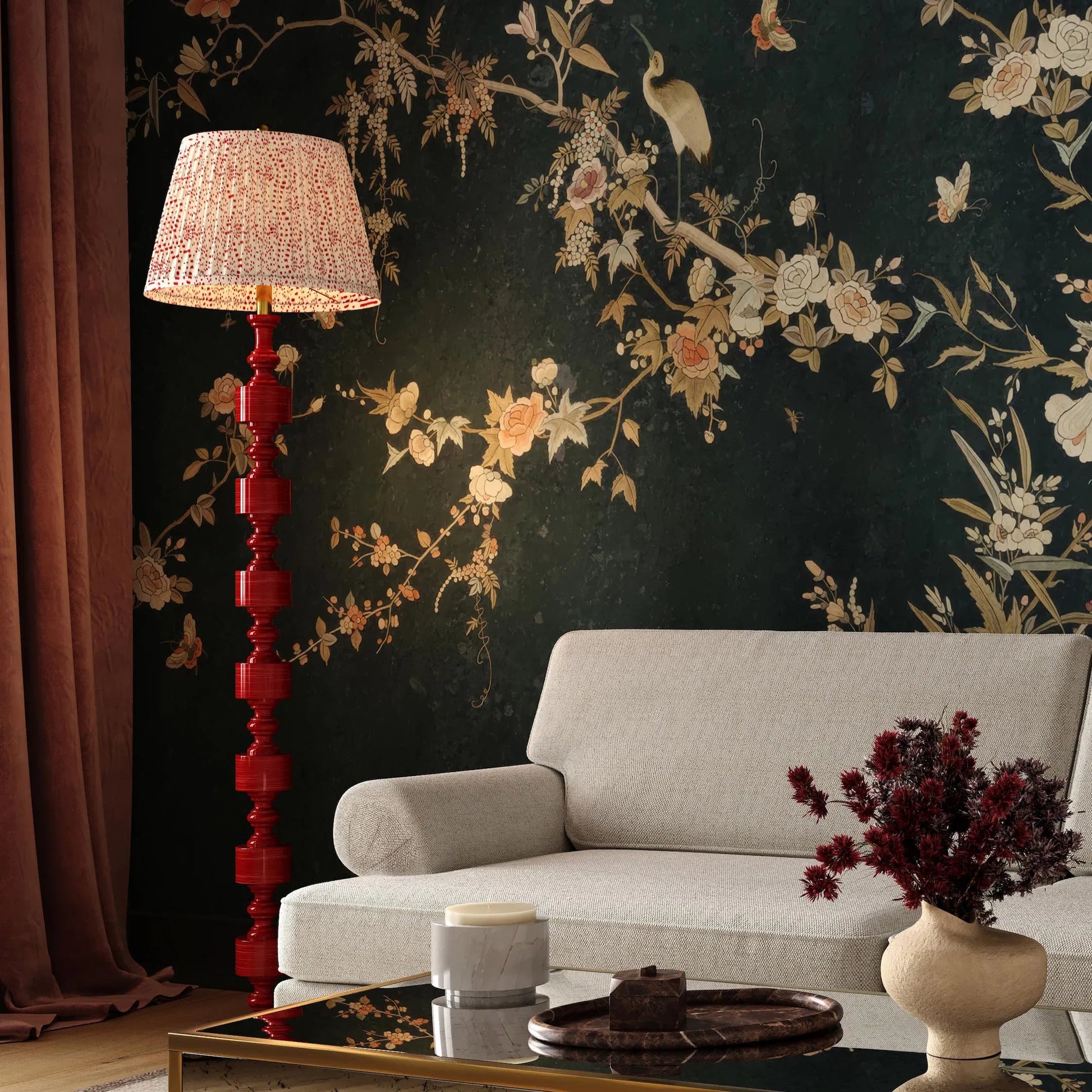Peggy Spotted Floor Lamp by TOV Furniture in pink. Made from brass, cotton, wood in a unique style.