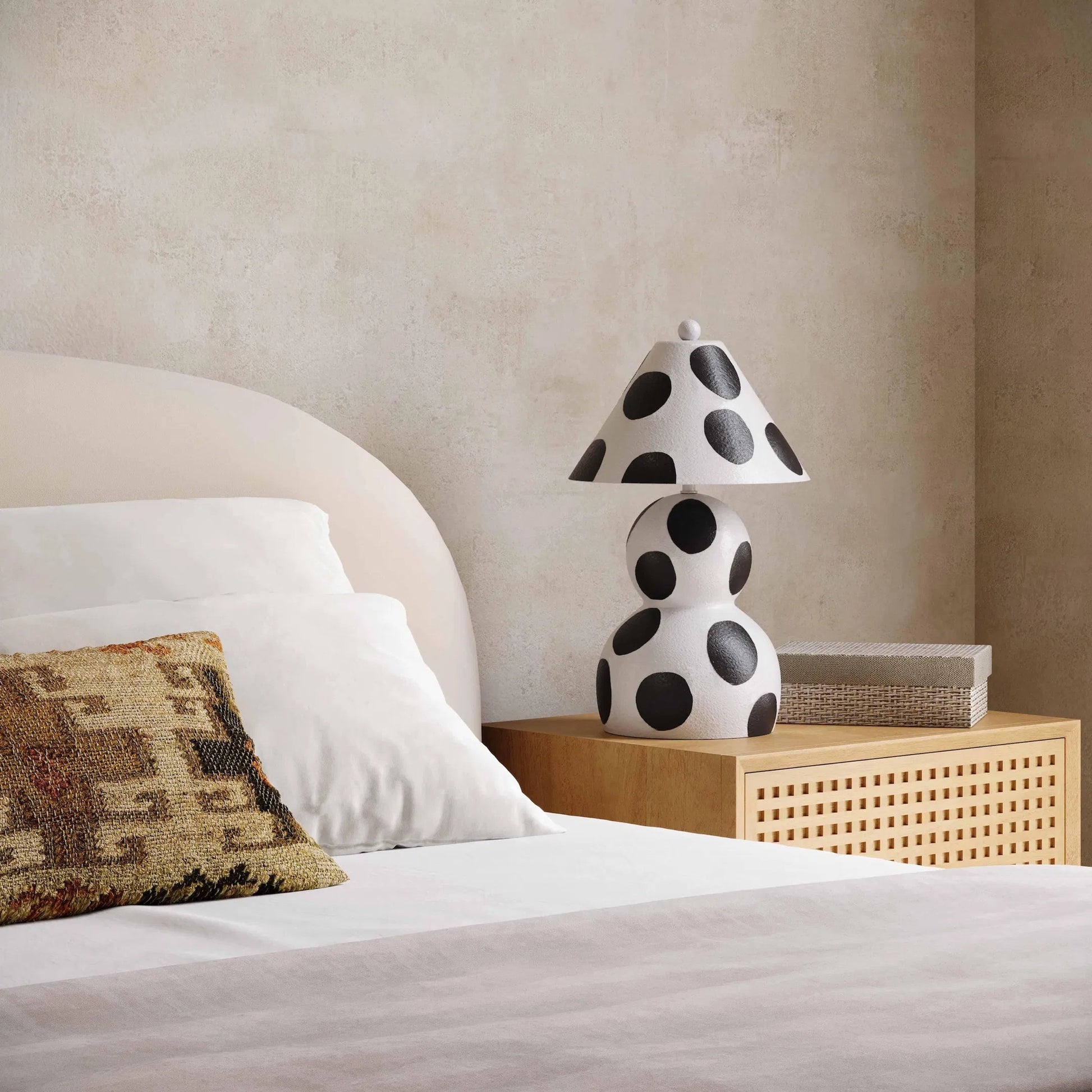 Lerici Papier Mache Table Lamp by TOV Furniture in black, white. Made from iron, papier mache in a eclectic & global style.