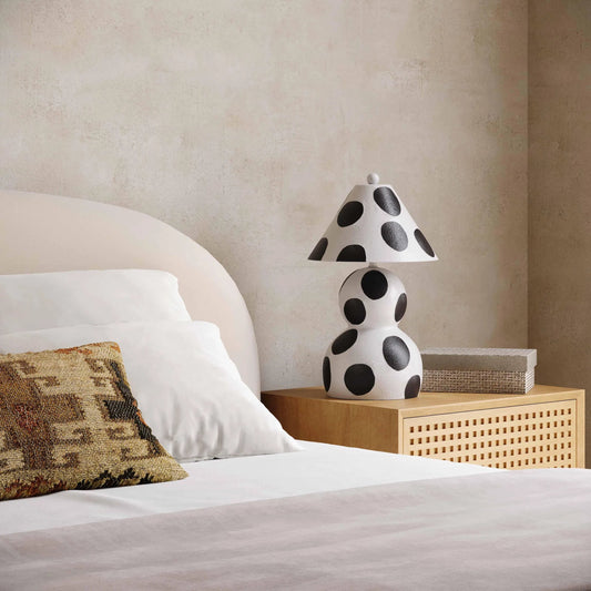 Lerici Papier Mache Table Lamp by TOV Furniture in black, white. Made from iron, papier mache in a unique style.