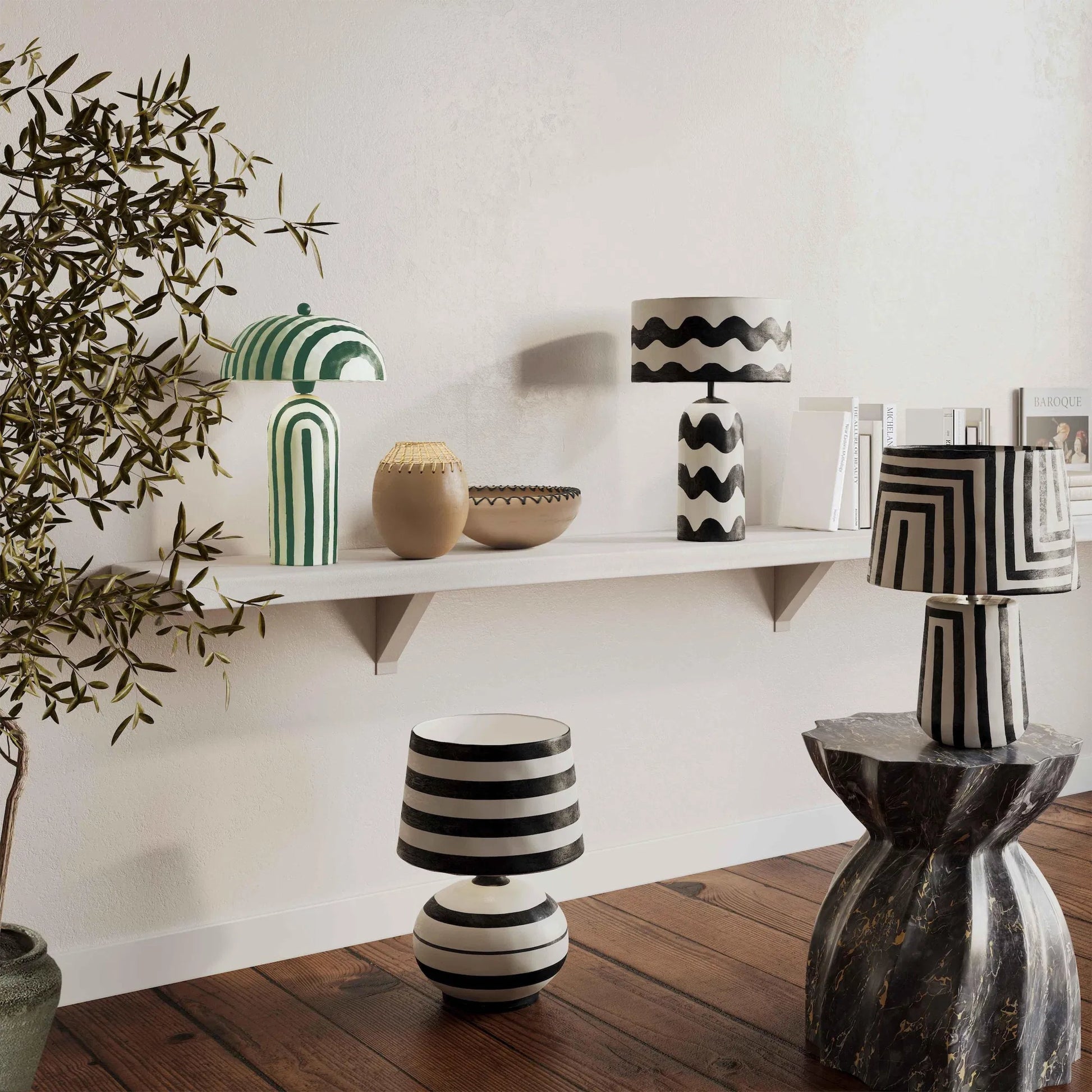 Maiori Striped Papier Mache Table Lamp by TOV Furniture. Made from iron, papier mache in a unique style.