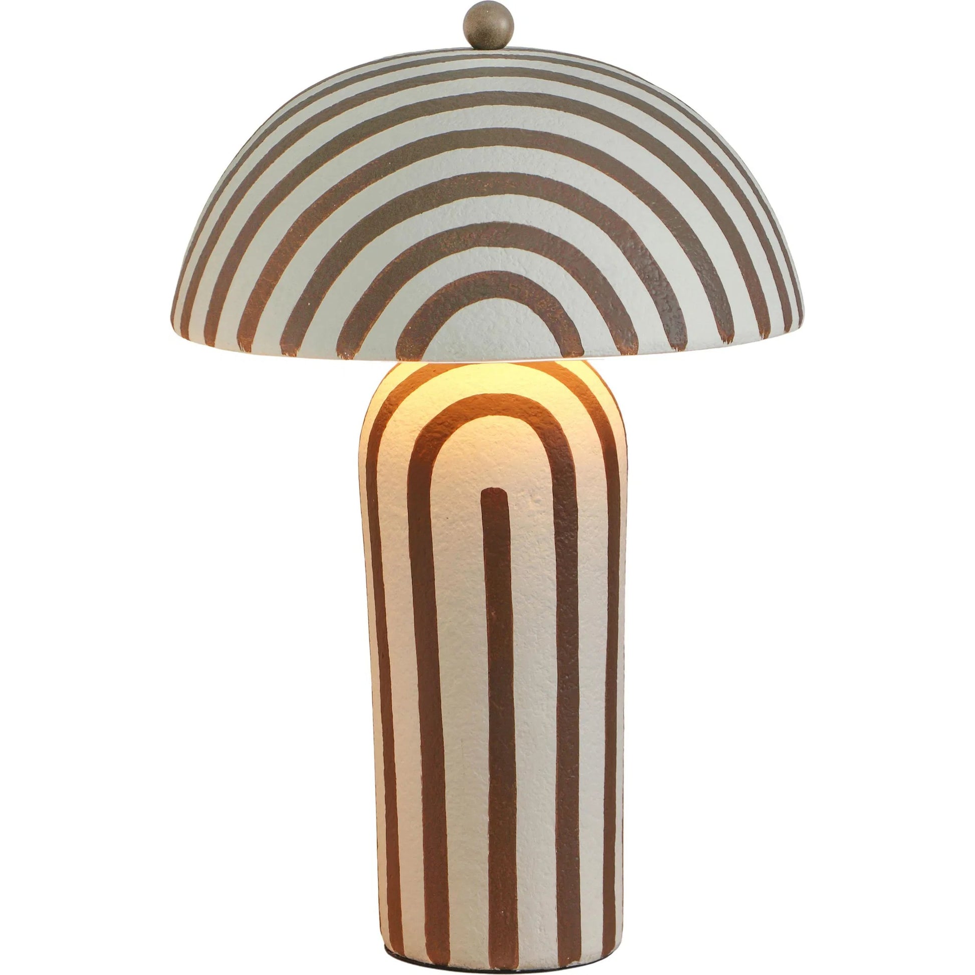 Maiori Striped Table Lamp by TOV Furniture in brown stripes. Made from iron, papier mache in a rustic style.