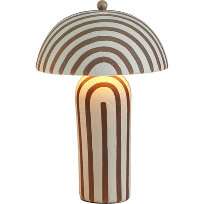 Maiori Striped Table Lamp by TOV Furniture in brown stripes. Made from iron, papier mache in a rustic style.