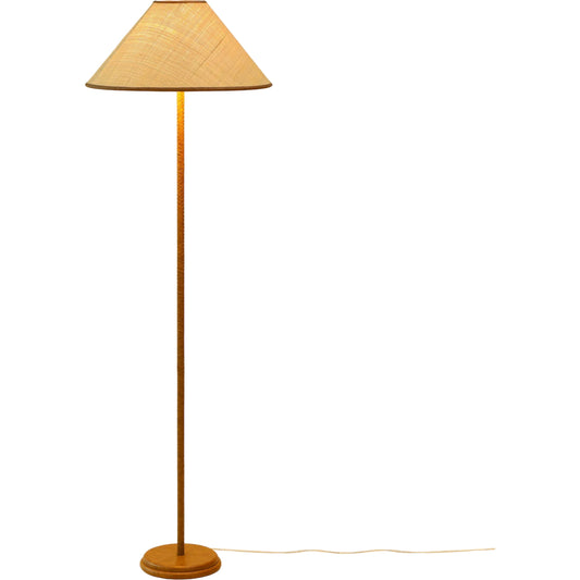 Keria Natural Vegan Leather and Raffia Designer Floor Lamp by TOV Furniture in brown, natural. Made from fabric, metal, raffia, vegan leather in a unique style.