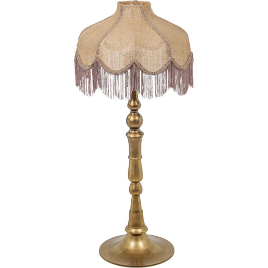 Buchanan Fringed Scalloped Table Lamp by TOV Furniture in brass, natural, pink. Made from aluminum, jute in a unique style.