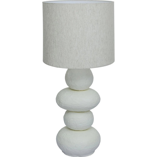 Pebble Table Lamp by TOV Furniture in cream. Made from linen, papier mache, steel in a unique style.