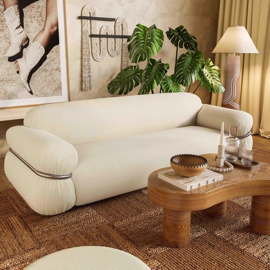 Harlee Natural Woven Floor Lamp by TOV Furniture in beige. Made from iron, linen in a unique style.