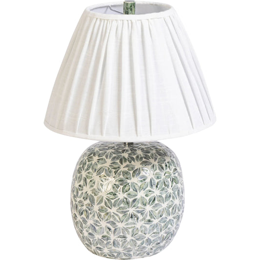 Yaya Capiz Table Lamp by TOV Furniture in green, white. Made from bamboo, fabric, metal, shell in a unique style.
