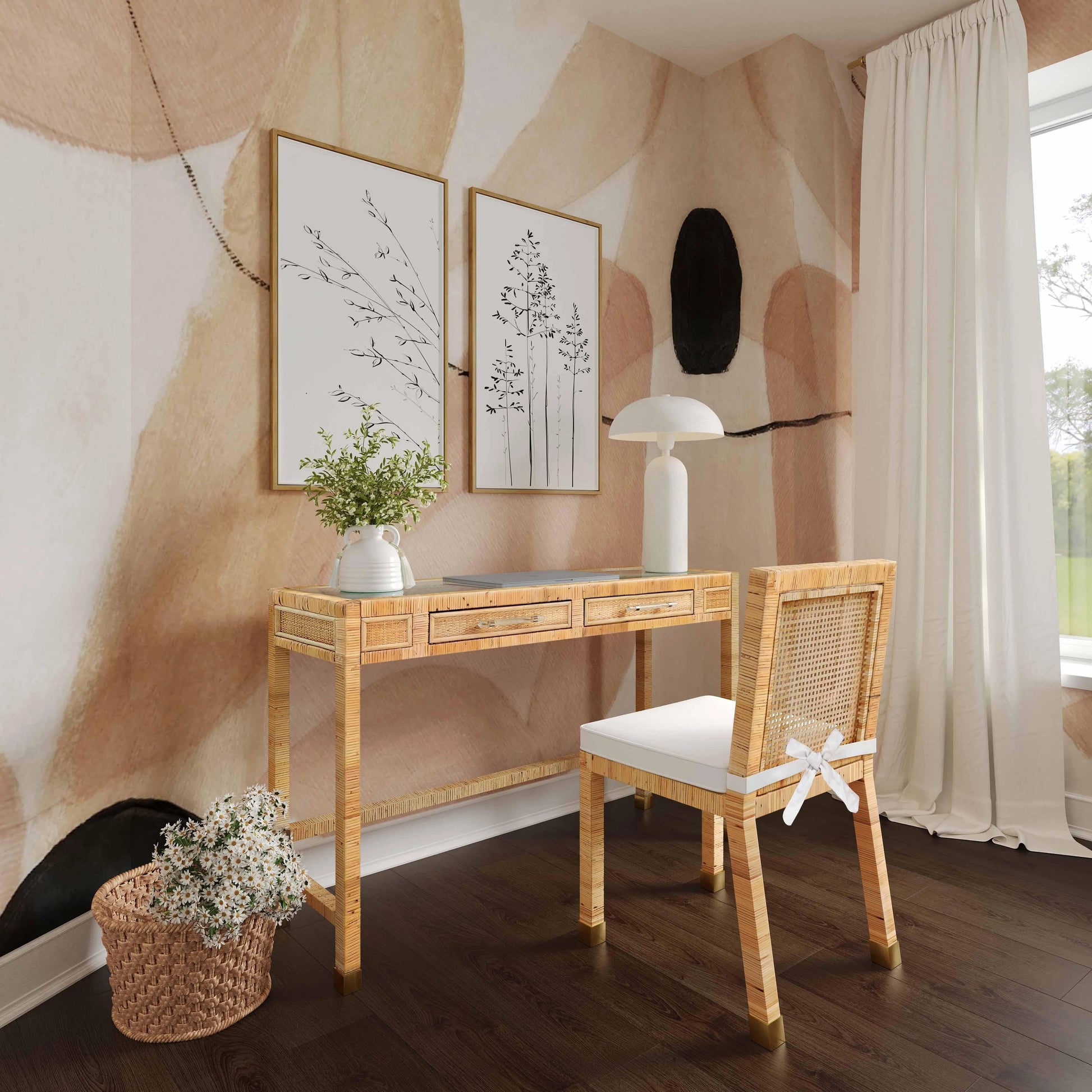 Amara Rattan Desk by TOV Furniture. Made from glass, rattan veneer, wood in a cottage & farmhouse style.
