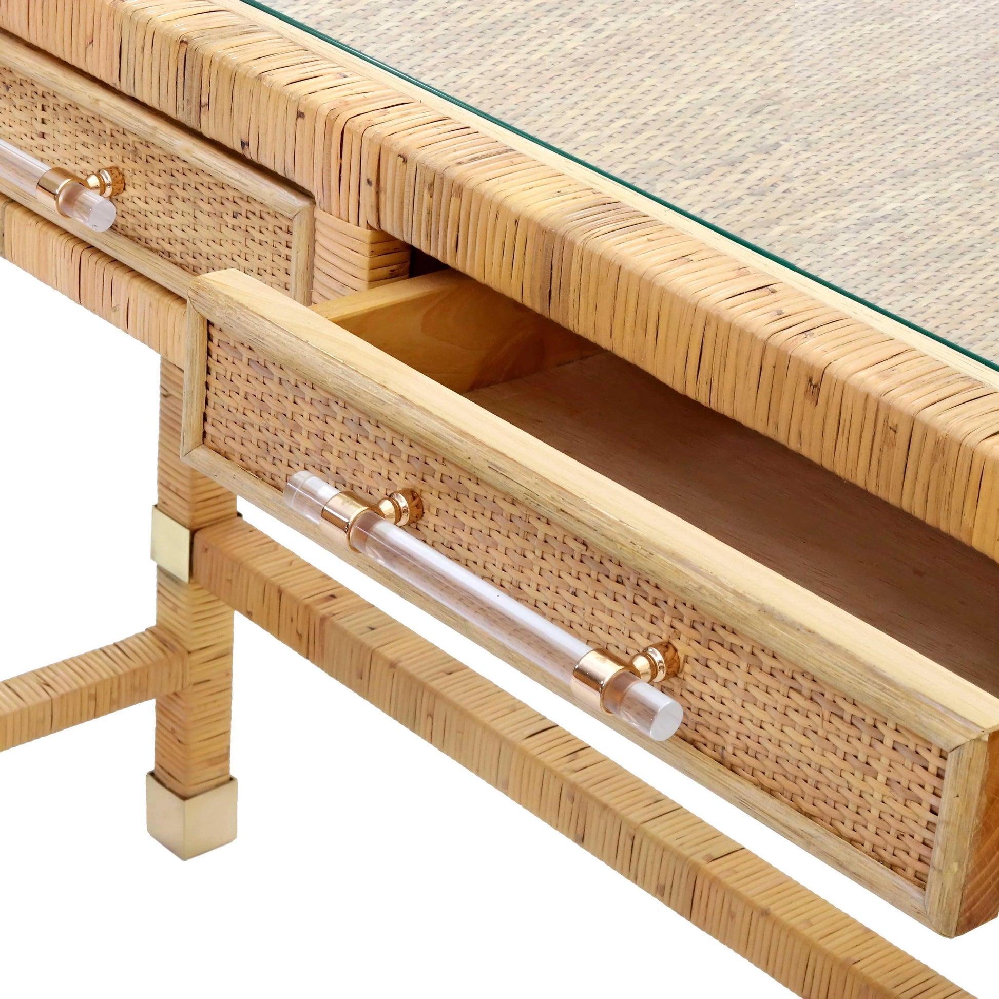 Amara Rattan Desk by TOV Furniture. Made from glass, rattan veneer, wood in a cottage & farmhouse style.