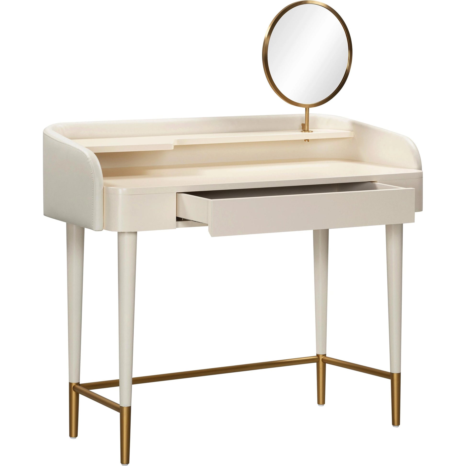 Penelope Vegan Leather Wrapped Vanity Desk by TOV Furniture. Made from acacia, iron, mdf in a modern style.