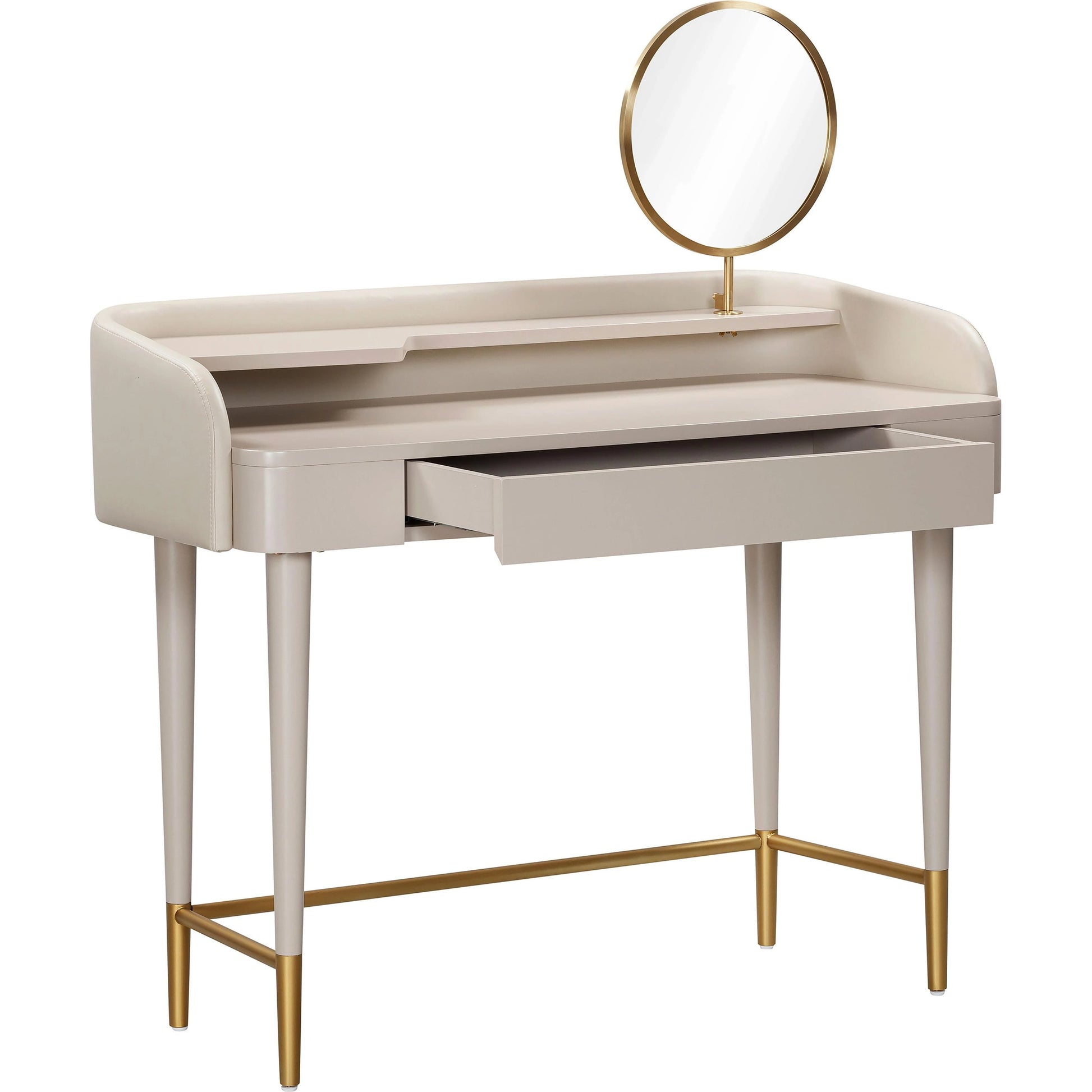 Penelope Vegan Leather Wrapped Vanity Desk by TOV Furniture. Made from acacia, iron, mdf in a modern style.