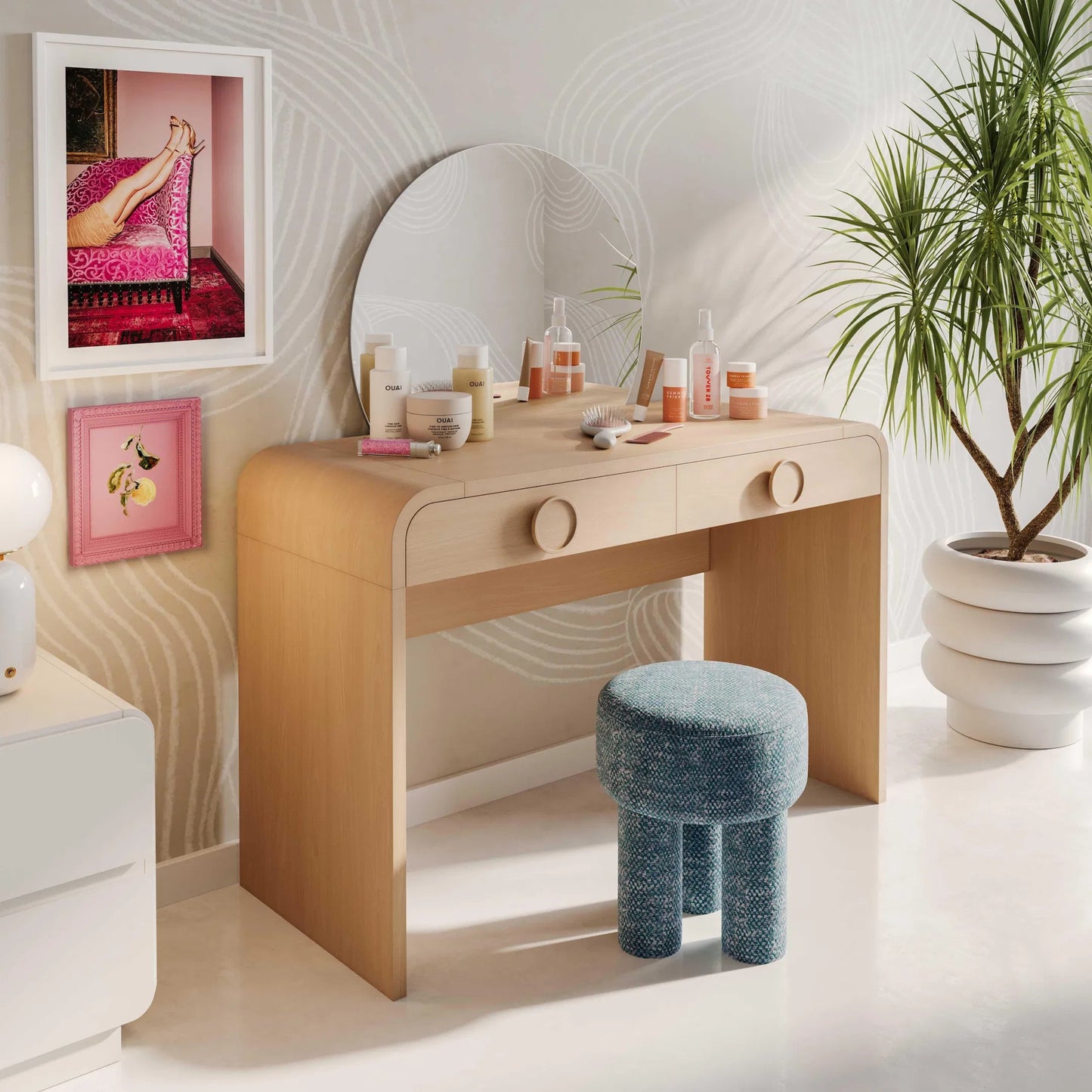 008 SI-2248381 | Lifestyle | Moonrise 2-Drawer Vanity Desk by TOV Furniture in natural. Made from glass, mdf, veneer, wood in a transitional style.