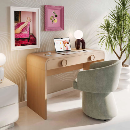 Moonrise 2-Drawer Vanity Desk by TOV Furniture in natural. Made from glass, mdf, veneer, wood in a transitional style.