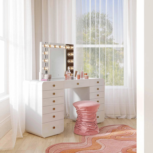 Hollywood Desk with Vanity Mirror by TOV Furniture in white. Made from copper, mdf in a unique style.