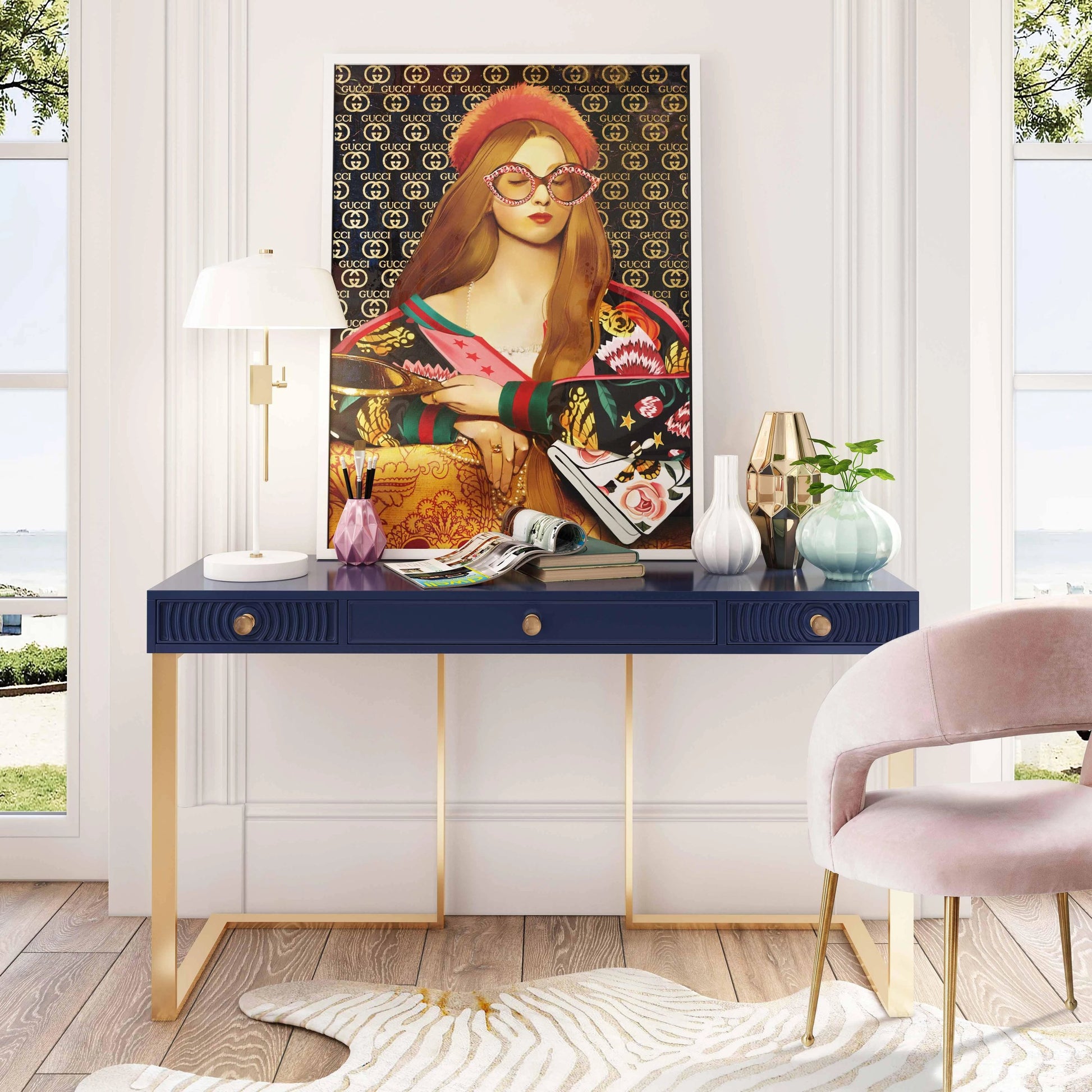 Janie Lacquer Desk by TOV Furniture in white. Made from mdf in a transitional style.