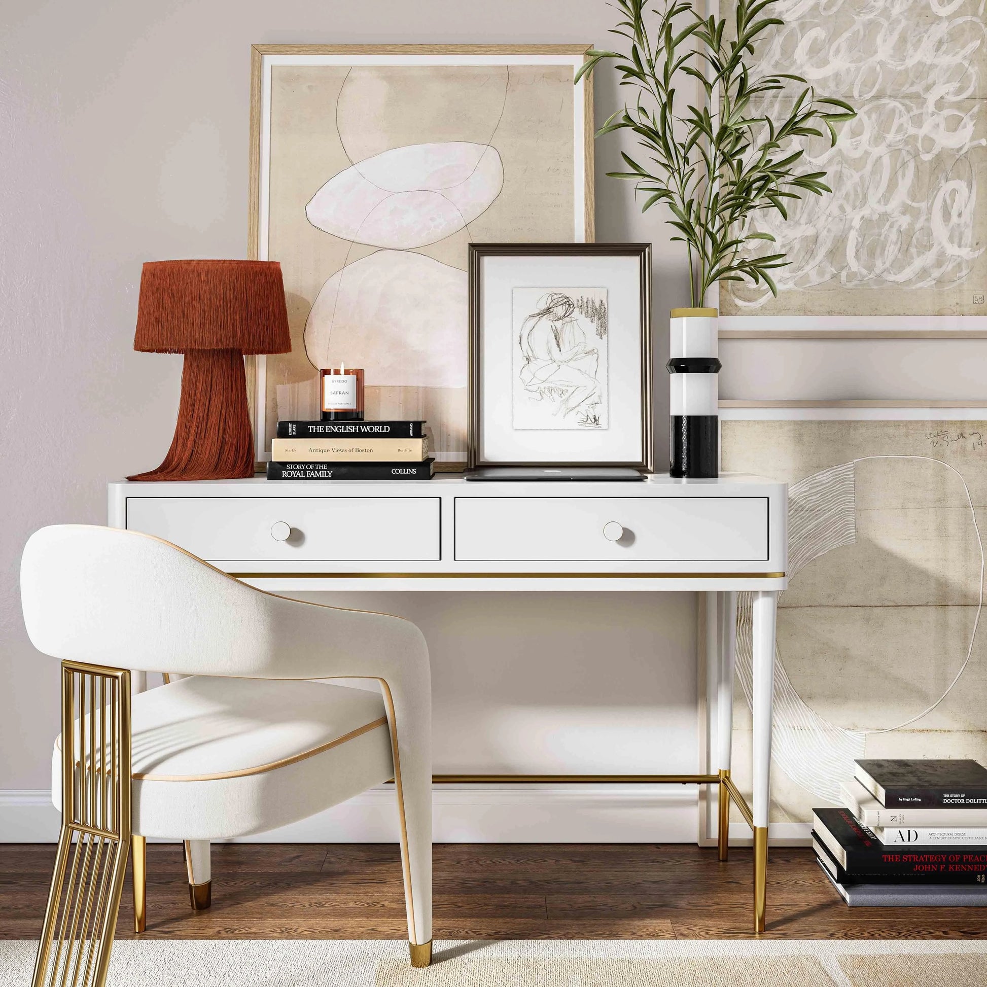 Mariah Two Drawer Desk by TOV Furniture. Made from mdf, stainless steel in a modern style.