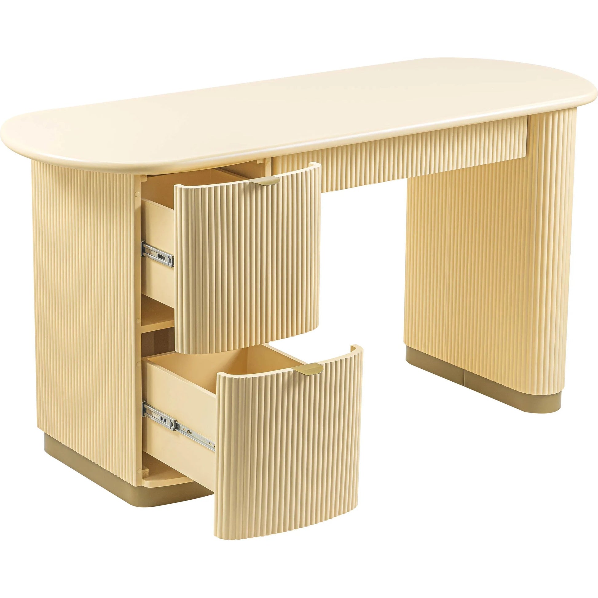 Francesca 3-Drawer Desk by TOV Furniture in yellow. Made from mdf, stainless steel in a transitional style.