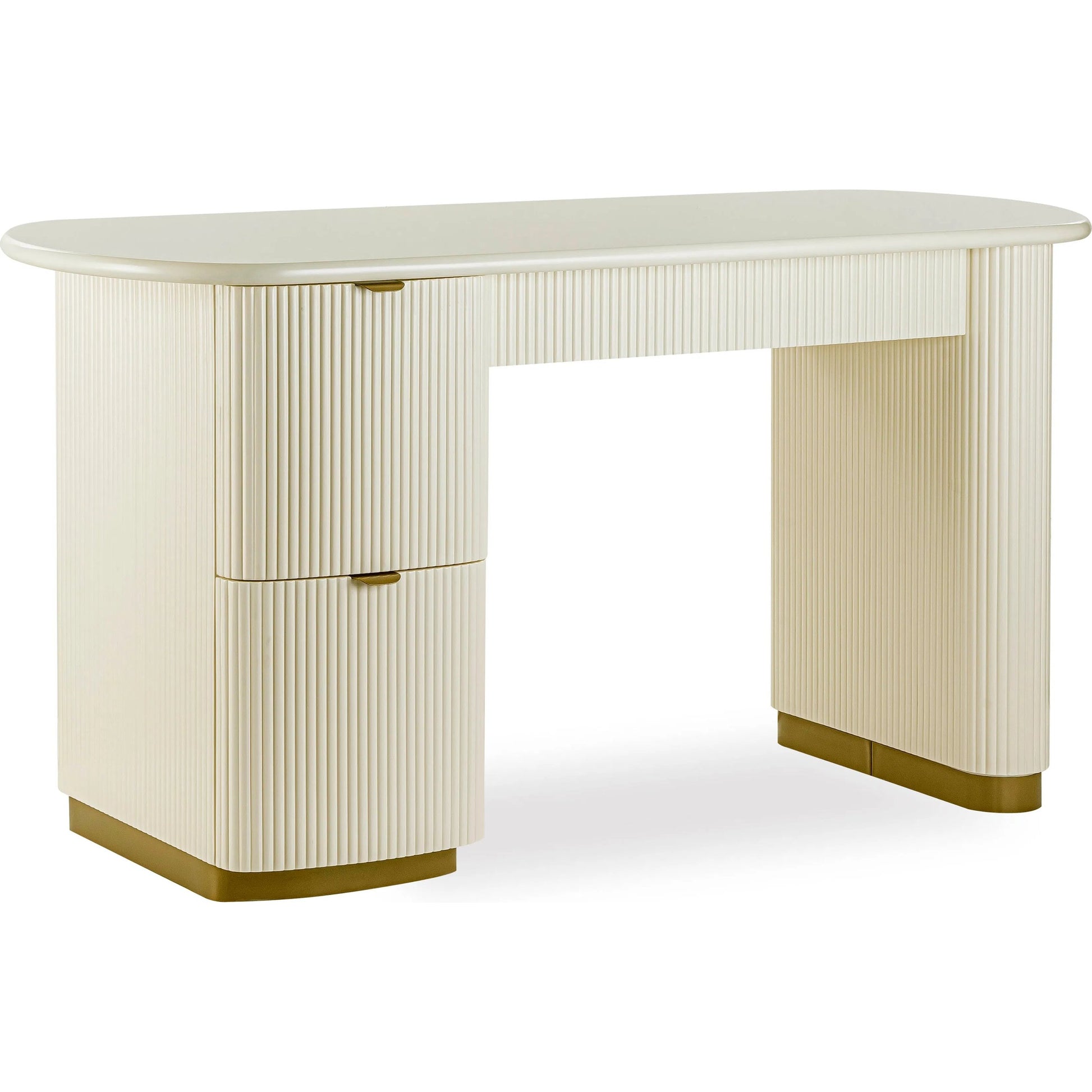 Francesca 3-Drawer Desk by TOV Furniture in yellow. Made from mdf, stainless steel in a transitional style.