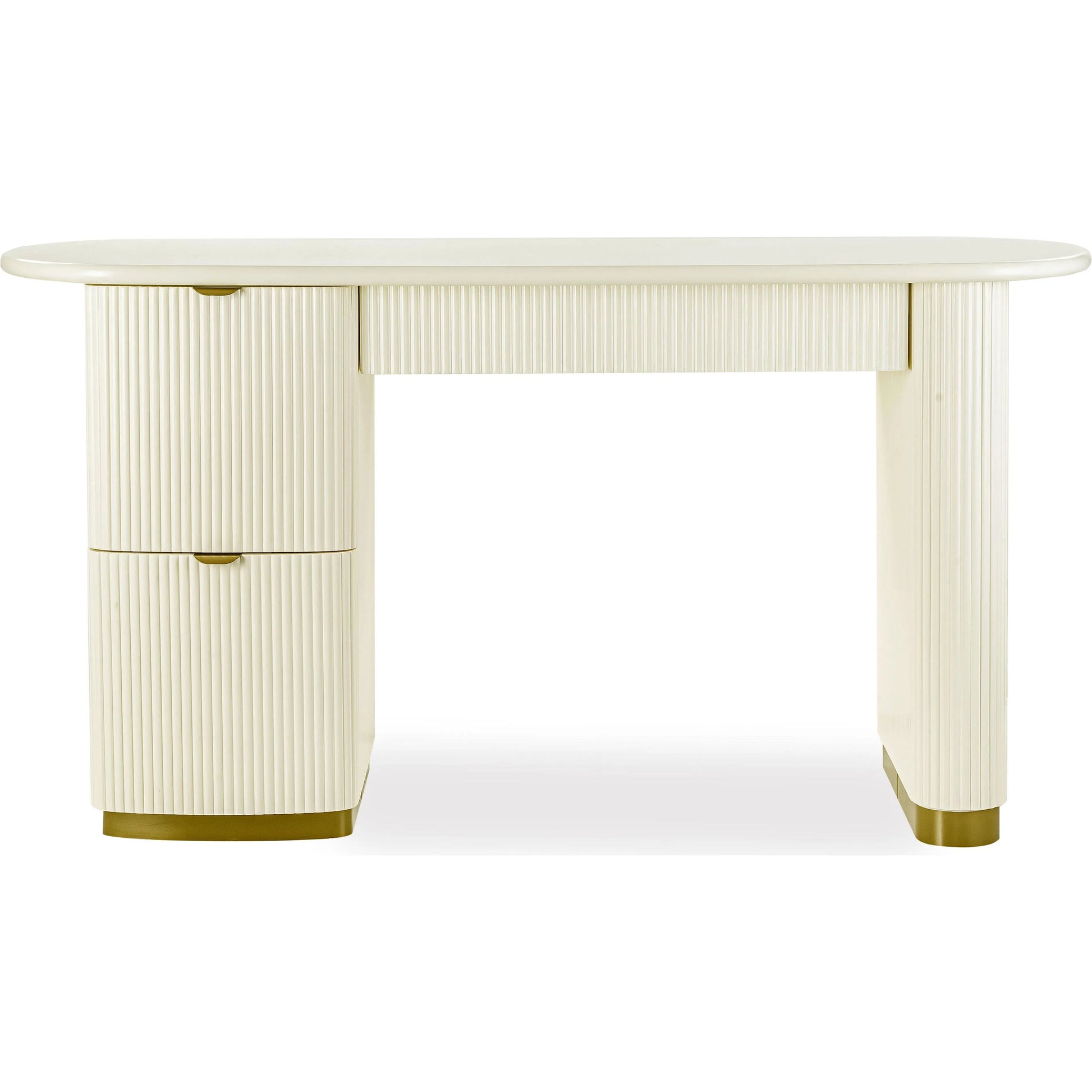Francesca 3-Drawer Desk by TOV Furniture in yellow. Made from mdf, stainless steel in a transitional style.