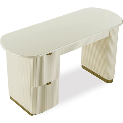 Francesca 3-Drawer Desk by TOV Furniture in yellow. Made from mdf, stainless steel in a transitional style.