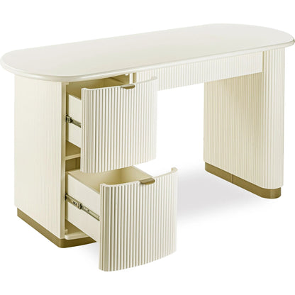 Francesca 3-Drawer Desk by TOV Furniture in yellow. Made from mdf, stainless steel in a transitional style.