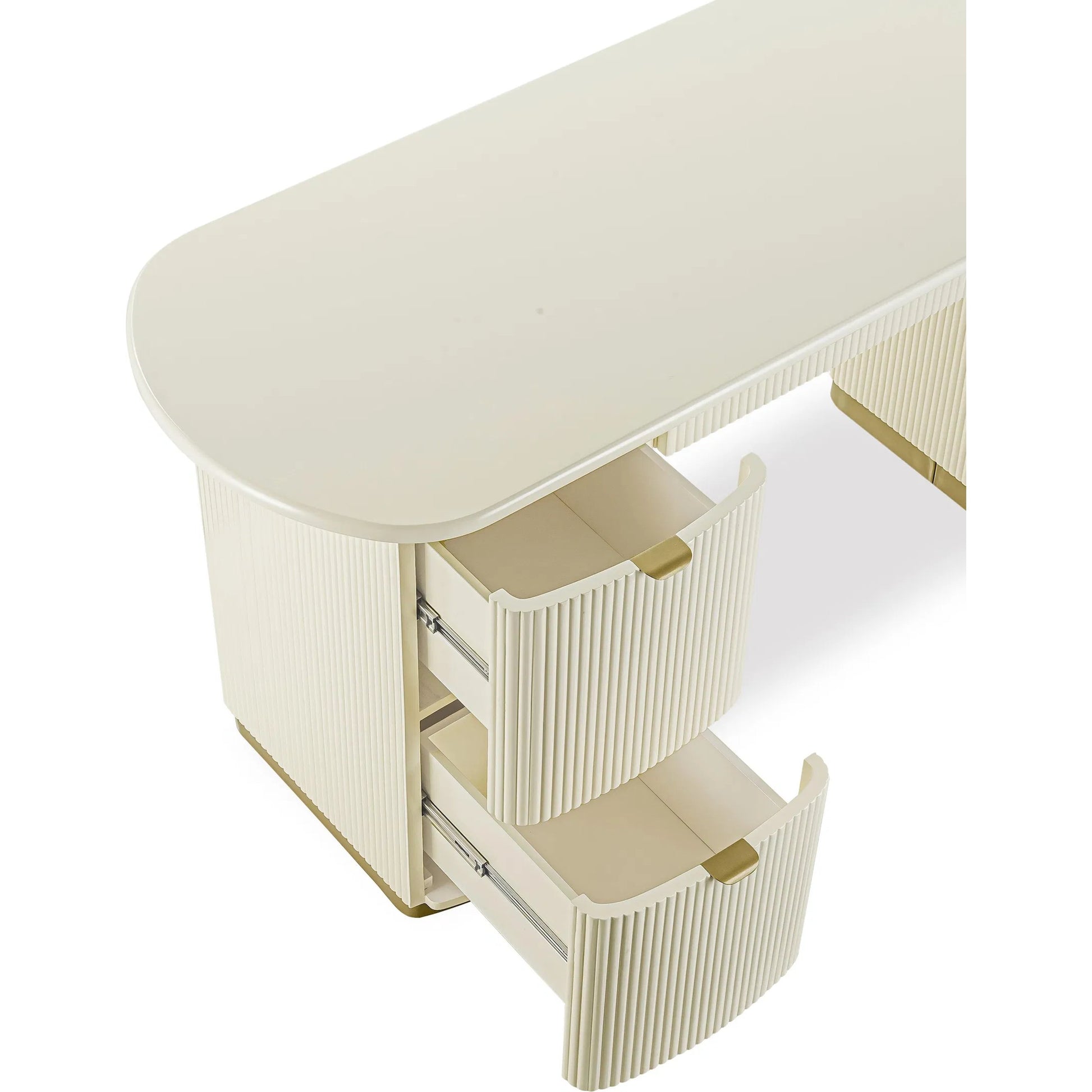 Francesca 3-Drawer Desk by TOV Furniture in yellow. Made from mdf, stainless steel in a transitional style.