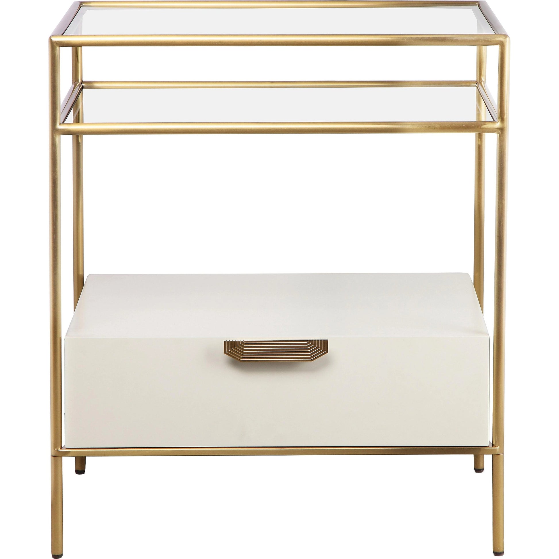 Darla Glass Nightstand by TOV Furniture in cream, gold. Made from glass, mdf, stainless steel in a modern style.