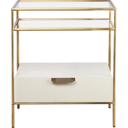 Darla Glass Nightstand by TOV Furniture in cream, gold. Made from glass, mdf, stainless steel in a modern style.