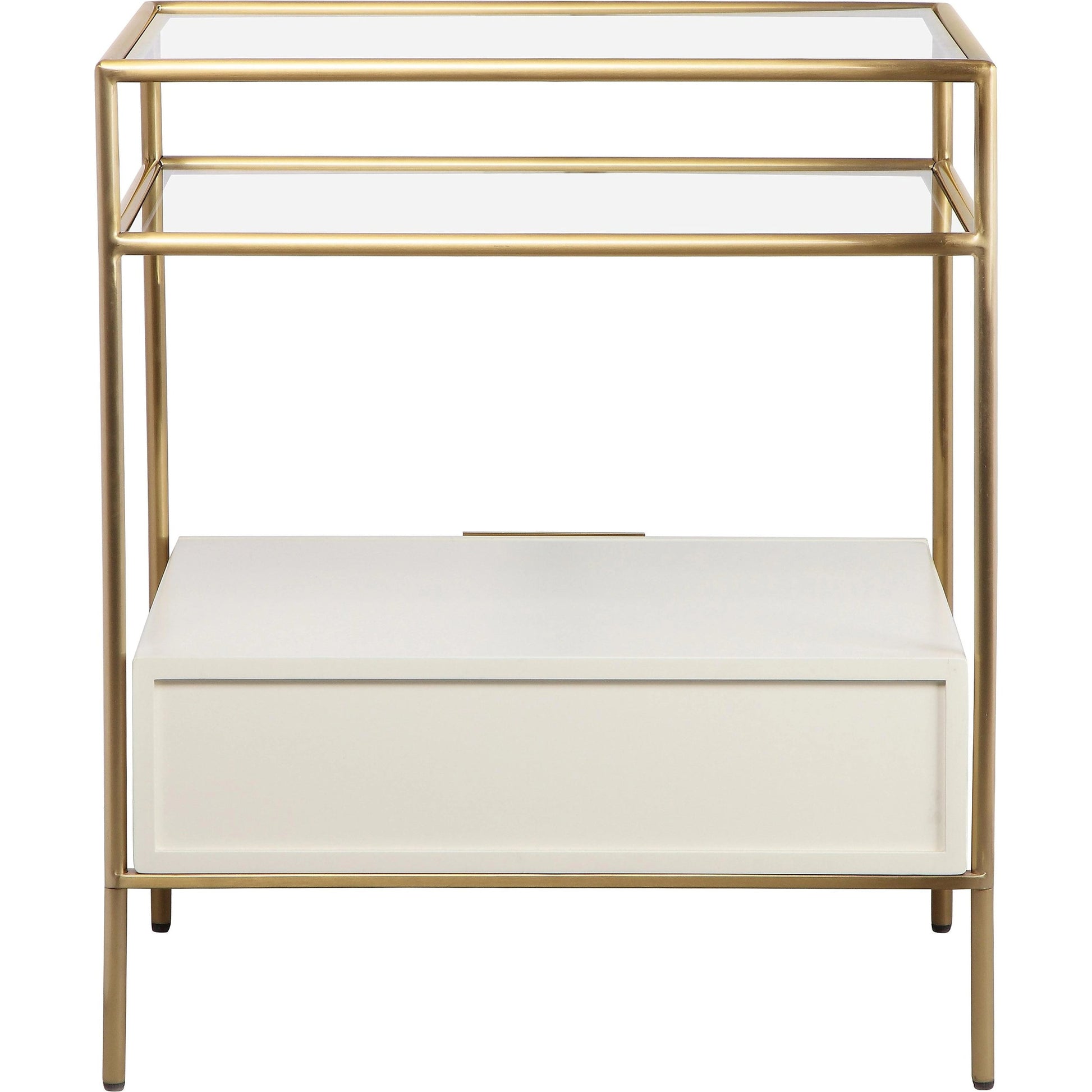 Darla Glass Nightstand by TOV Furniture in cream, gold. Made from glass, mdf, stainless steel in a modern style.
