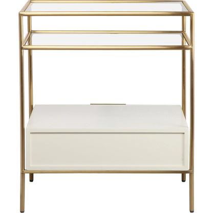 Darla Glass Nightstand by TOV Furniture in cream, gold. Made from glass, mdf, stainless steel in a modern style.