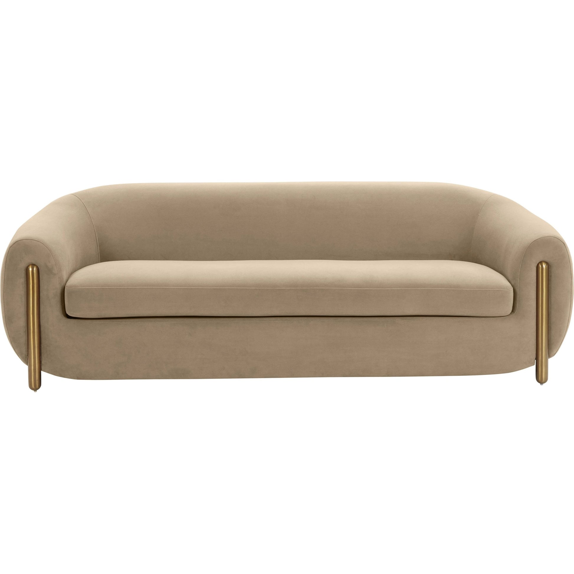 Lina Velvet Sofa by TOV Furniture in cafe au lait. Made from stainless steel, velvet, wood in a modern style.